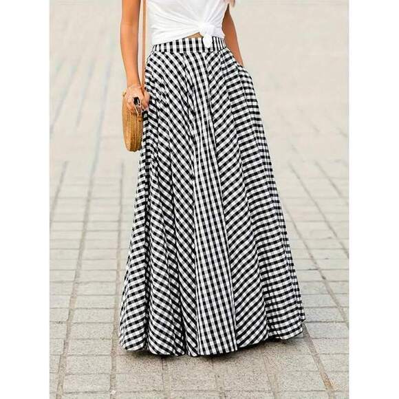 Women's Elegant Plaid Mid-Length High Waist Flared Skirt With Draping Effect, Sp - Picture 2 of 4